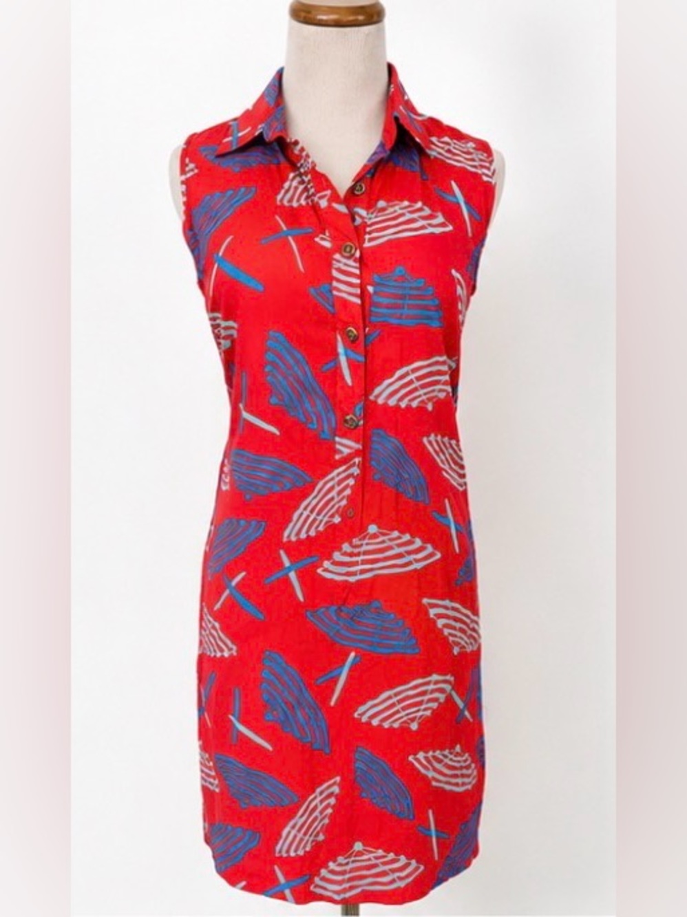 [Escapada] Melon & Ocean Blue Beach Umbrella Print Shirt Dress XS Resort Coastal